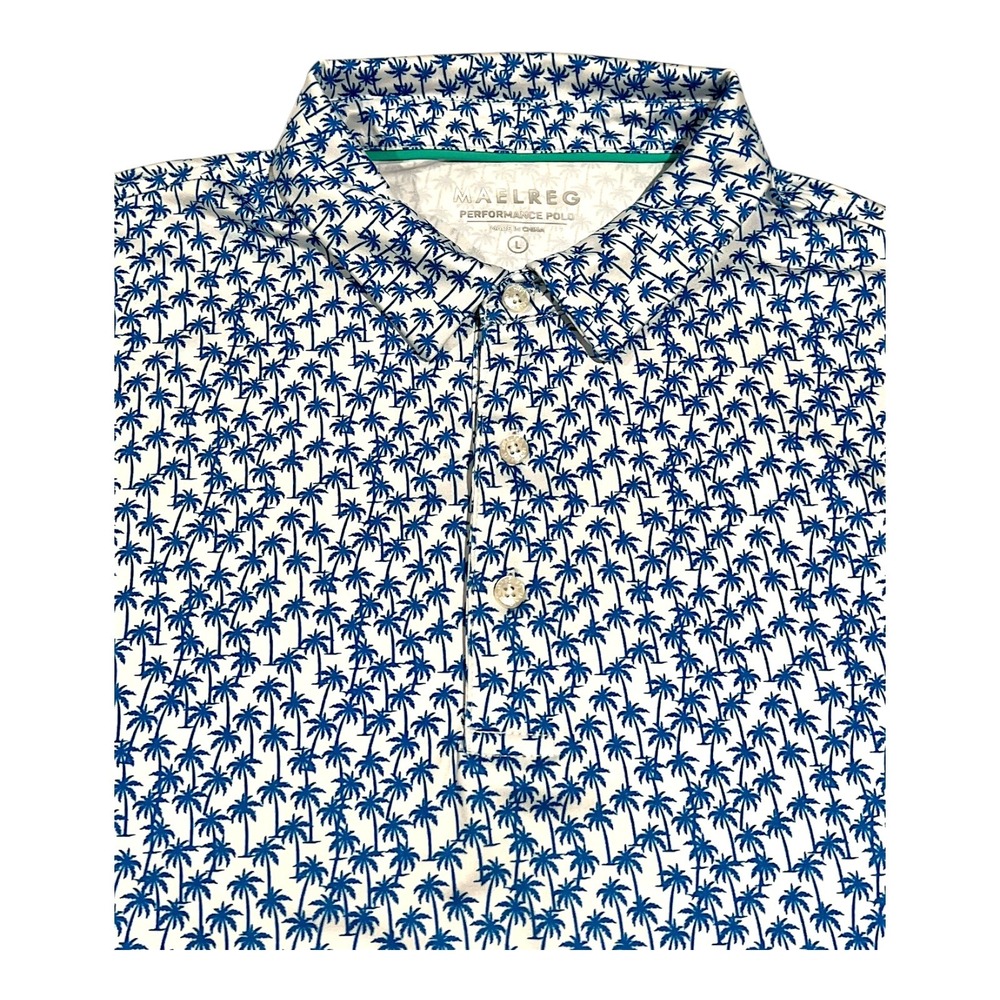 MAELREG Men's Large Performance Golf Polo Palm Tree‎ Print Short Sleeve